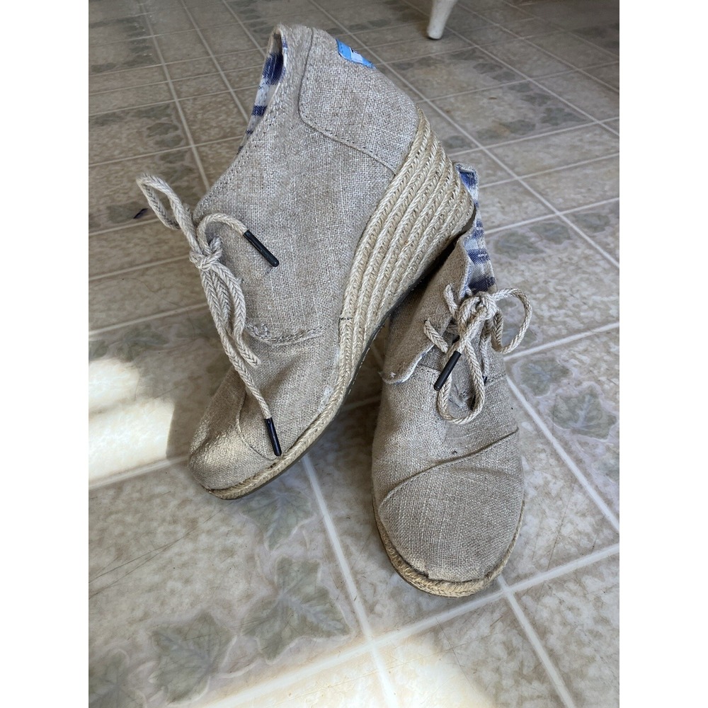 TOMS Tan‎ Linen Fabric Lace-Up Espadrille Wedge Boots, Size 7.5 (US)